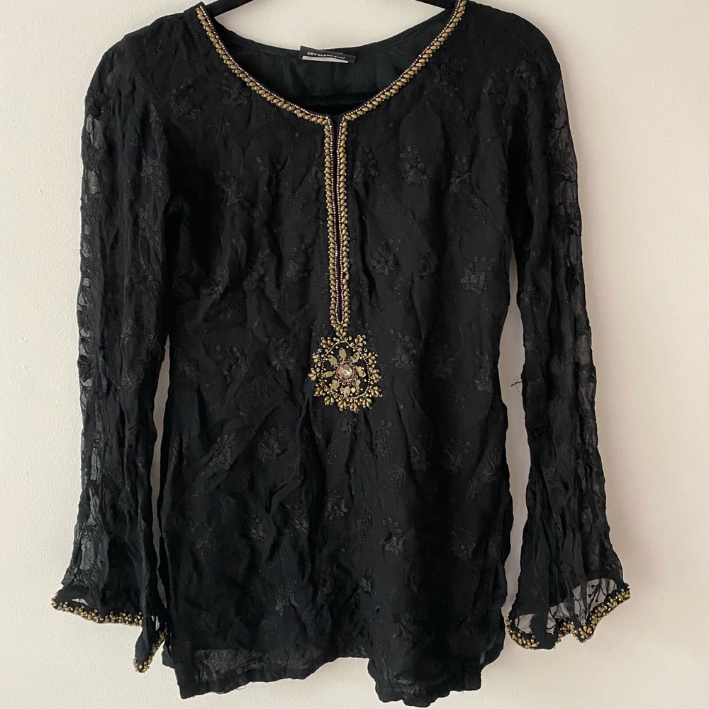 Black and Gold Top with Embroiderey Sheer Sleeves